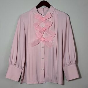 Halogen x Atlantic-Pacific | Pink Triple Bow Pearl Button Blouse | M